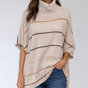 LOFT Striped Turtleneck Poncho Sweater Womens M/L Cream Dolman Sleeve Oversized